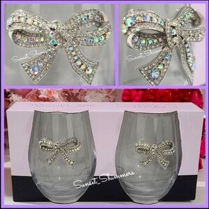 Rachel Zoe Rhinestone Coquette Bow Chic Stemless Wine Sangria Glass Set NEW